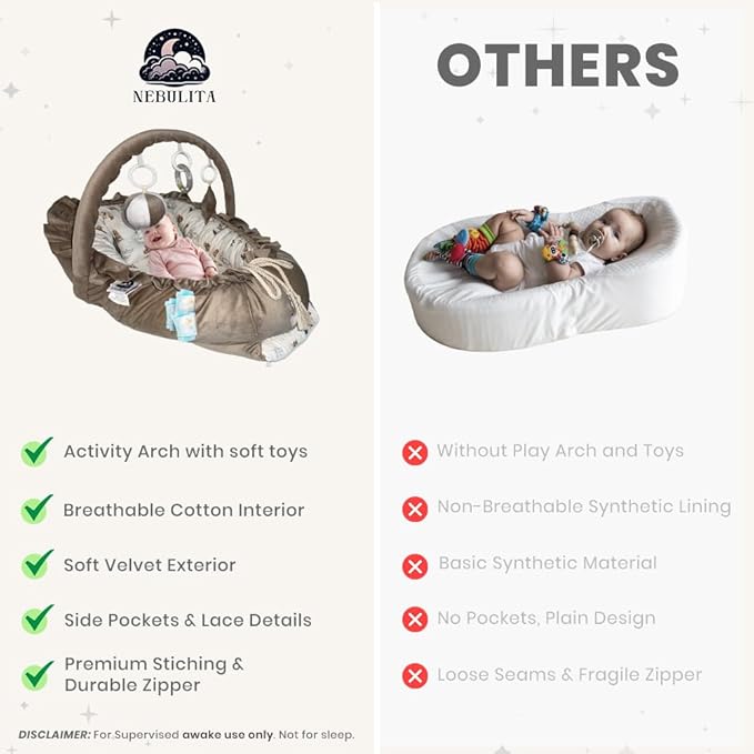 Newborn Lounger Cream - Flexible & Portable w/Infant Support Cushion, Soft & Breathable 100% Cotton - Multi-Use Supervised Baby Lounger for Floor, Travel, Changing Mat Alternative - Premium