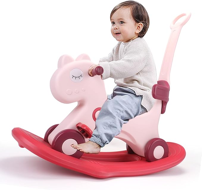 4 in 1 Rocking Horse for Toddlers 1-3 Years Old, Baby Rocking Toy Fun Birthday Gift for 1+ Girls, Ride on Toy with Detachable Balance Board and Footrest, Balance Bike with Push Handle, Pink