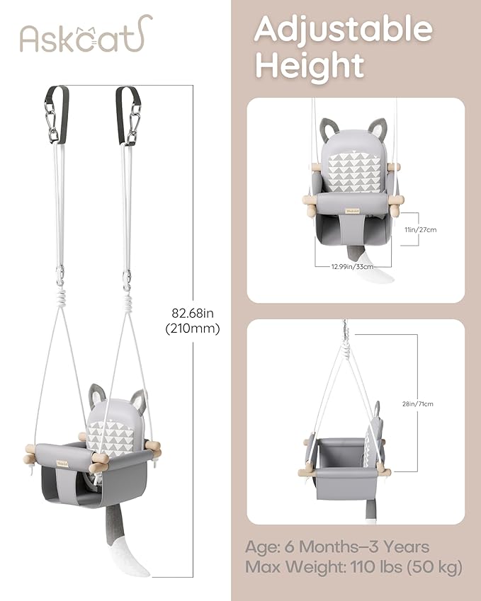 Wooden Hanging Baby Swing with Soft Safety Belt, Cozy Infant Swing Seat for Indoor & Outdoor Use, Adjustable Height, Includes Mounting Hardware – Suitable for Babies & Toddlers（Fox-Themed in Gray