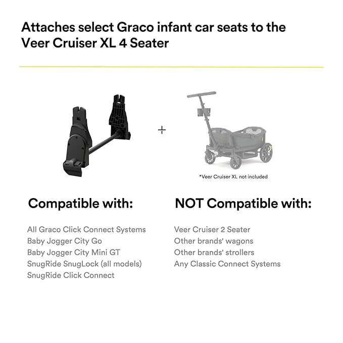 ONLY for VEER Cruiser XL (4 Seater) - Graco Infant Car Seat Adapter for Veer All-Terrain Cruiser XL and City 4-Seater Models. NOT Compatible with 2 Seat Models or Other Brands’ Wagons