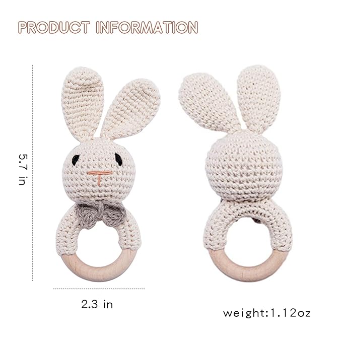 Youuys Wooden Baby Rattle Toys, Easter Bunny Rattle for Baby Crochet Bunny Rattle Toy Natural Wood, Shaker Rattle for Hand Grips, Boy Girl First Rattle Gift, Newborn Gifts (Bunny)