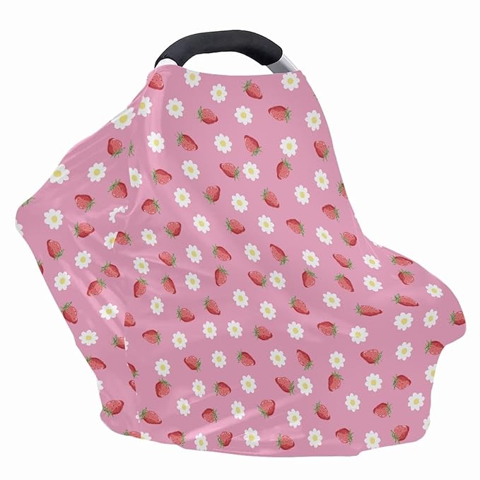 AFPANQZ Strawberry Flower Nursing Cover Breastfeeding Scarf Baby Car Seat Covers for Boys Girls Infant Carseat Canopy Stretchy Soft Breathable Multi-Use Cover Up
