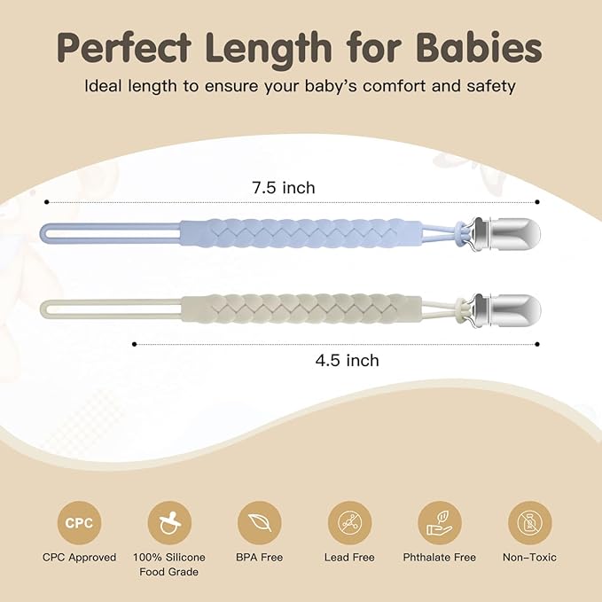 TenderBabe Silicone Pacifier Clip for Baby Boys and Girls, Pack of 6 Soft Flexible Paci Binky Clips with One-Piece Braided-Style Design,BPA-Free Newborn Essentials