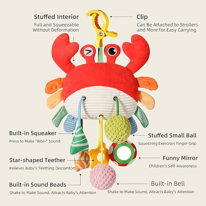 Crab Car Seat & Stroller Toy for Babies 0-12 Months, Sensory Hanging Toy with Rattle, Mirror, Squeaker, BPA-Free Pull Strings, Fine Motor Skills Baby for Newborn Infant Boy Girl