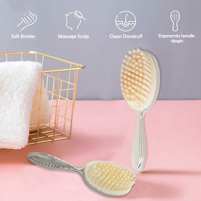 Silver Plated Keepsake Cute Bear Baby Hair Brush for Toddler Girl or Boy with Curly and Thick Hair, for Wet or Dry Newborn Infant Hair, Soft Bristle That Won't Shed, Gift Box Package for Gift Giving