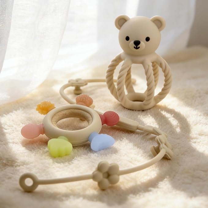 3Pcs Baby Silicone Teether Toy Set - Food-Grade Silicone Teething Relief Toys,Wooden Ring Teether Cute Bear Toy and Toy Straps for Babies 3-12 Months (Bright Beige)