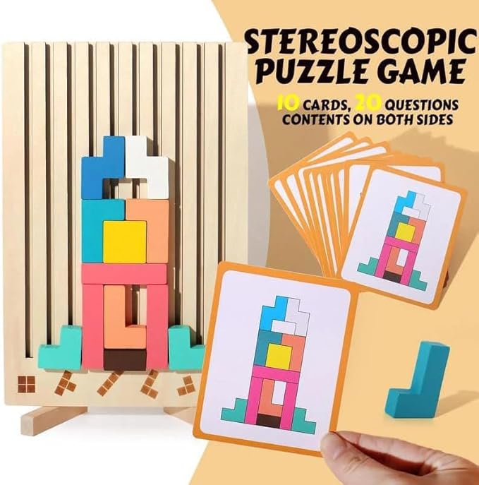 Wooden Stacking Puzzle Toy, 42 Pcs 3D Montessori Russian Blocks Puzzles for Toddlers 3+ Years Old, Brain Teaser Educational Travel Game for Kids, Logic Intelligence Development Gift