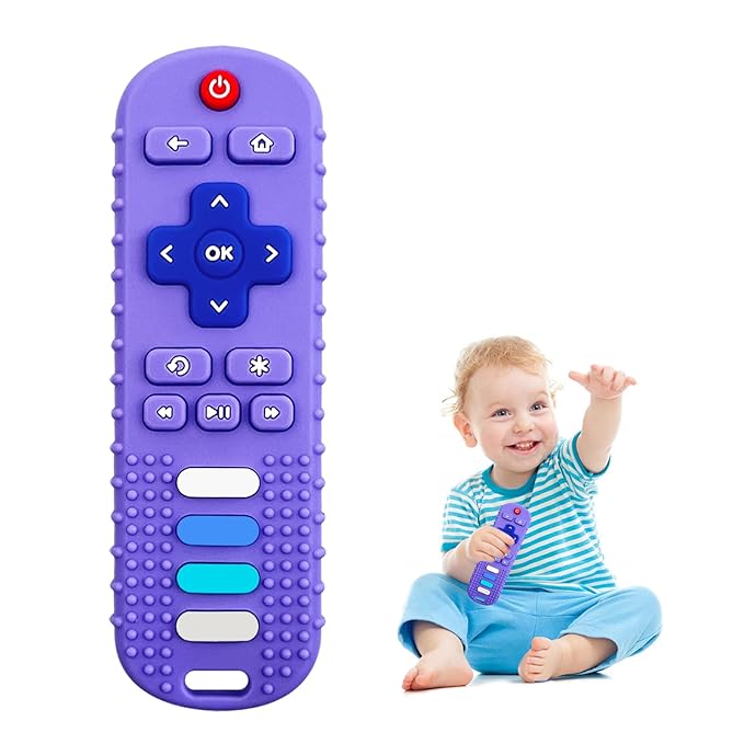 Silicone Teething Toys for Babies, Remote Control Shape Silicone Teethers, Cute Chew Toys for Boys and Girls,BPA Free Teether Early Educational Sensory Toy Purple