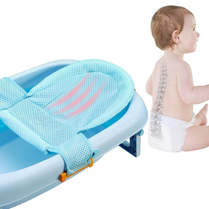 Bath Seat for Baby, Infant Bathing Seat Support Mat, Adjustable Comfortable Non-Slip Baby Shower Net Bathtub Sit Up Mesh, Bath Tub Baby Bath Cushion for Newborn - Blue (No Bathtub)