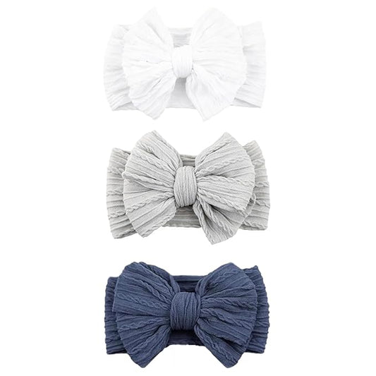3 Pcs Baby Bows Headbands Soft Nylon Hairbands Super Elastic Headband Hair Accessories For Baby Girls Infant Toddler Essentials (White Grey Blue, Mid)