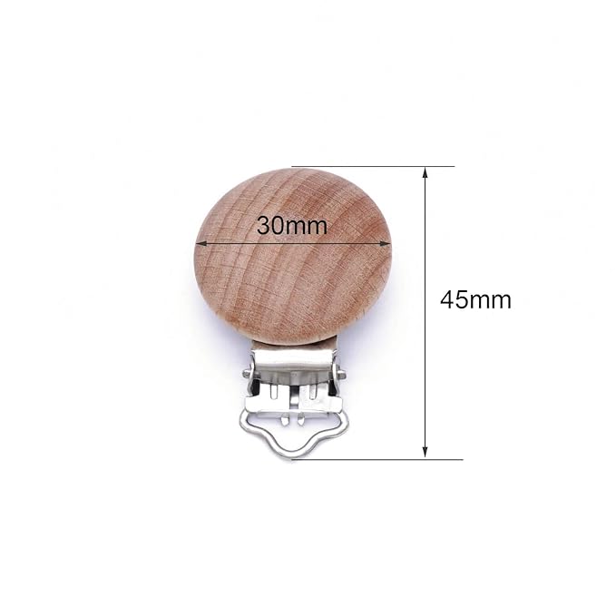 10Pcs 30mm (1.18") Natural Wood Pacifier Holder Round Beech Metal Wooden Pacifier Clip Suspender Clips DIY Pacifier Chain Accessories