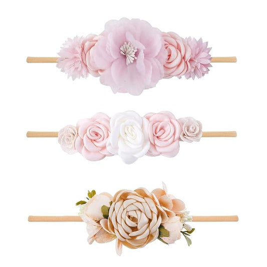 Baby Girl Floral Headband Nylon Flower Crown Elastic Hairband 3pcs Hair Accessories Gift for Girls，stretchy size 3pcs/set
