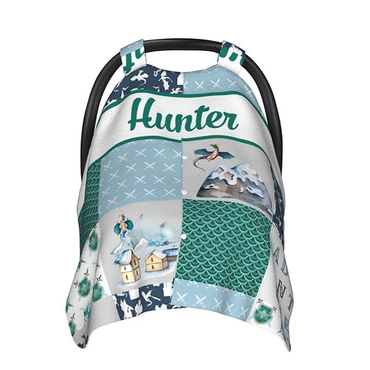 Personalized Baby Car Seat Canopy for Babies with Name, Custom Car Seat Covers for Boys Girls, Dragons Nursing Breastfeeding Stroller Cover Infant Carseat Canopies for Newborn