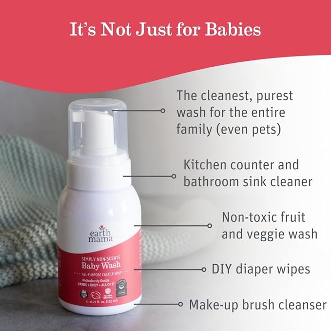 Earth Mama Simply Non-Scents Baby Wash Foaming Hand Soap, All-Purpose Fragrance Free Body Wash for Sensitive Skin, Castile Soap with Coconut Oil, Shea Butter, Calendula, & Aloe, 6.27 fl oz