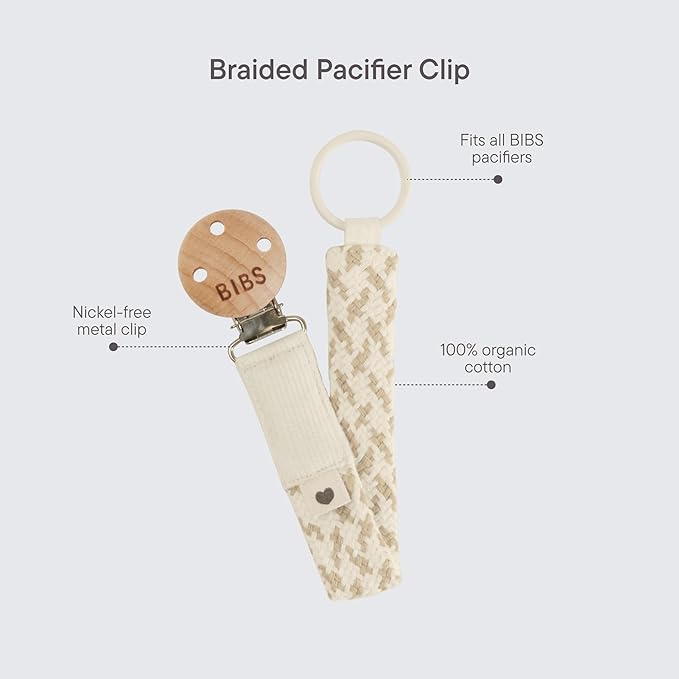 BIBS Paci Braid Dummy Chain Organic Cotton Danish Design, One Size (0-36 Months), Pale Butter