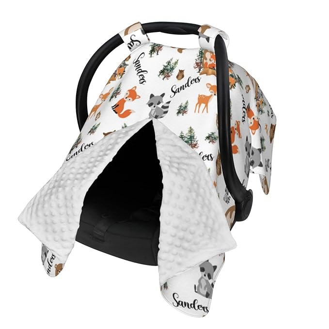 Personalized Baby Car Seat Canopy for Babies, Custom Name Woodland Animals Baby Car Seat Covers for Boys Girls, Opening Minky Nursing Breastfeeding Cover for Infant, Carseat Canopies for Newborn