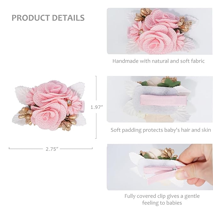 3pcs Girls Flower Hair Clips, Floral Hair Barrettes w/Boutique Fully Lined Alligator, Hair Bows for Baby Newborn Toddler