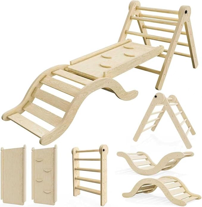 bbgroundgrm Pikler Triangle Set Climber 5 in 1, Toddler Climbing Toys Indoor Folding with Ramp & Arch for Montessori Play Gym for Toddlers and Kids (Natural)(99" Wx21 Dx23 H)