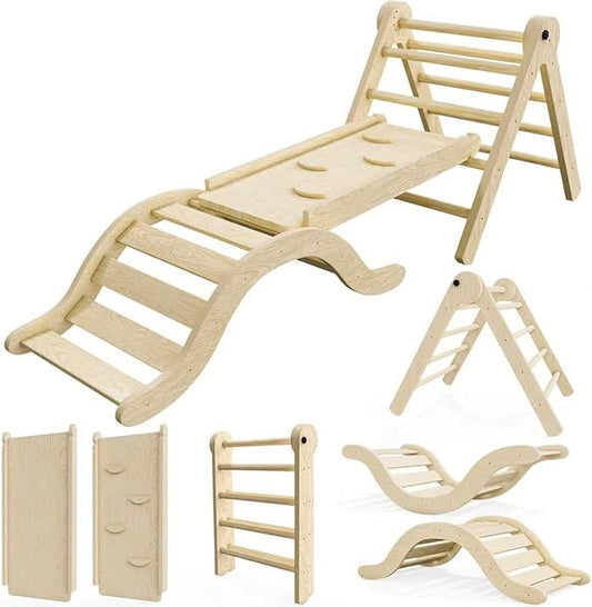 bbgroundgrm Pikler Triangle Set Climber 5 in 1, Toddler Climbing Toys Indoor Folding with Ramp & Arch for Montessori Play Gym for Toddlers and Kids (Natural)(99" Wx21 Dx23 H)