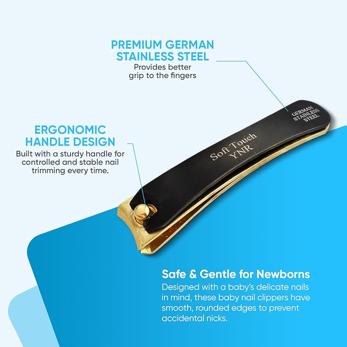 YNR Baby Nail Clippers Set – Safe & Ergonomic Stainless Steel Clippers for Newborns & Infants | Gentle Baby Manicure Grooming Tool | (Black & Gold)