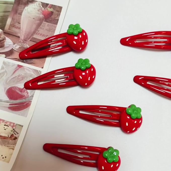 Strawberry Snap Clips Baby Girls Fruit Hair Bow Clips Strawberry Hair Ring Tie BBW24 (6 Pcs-C1)