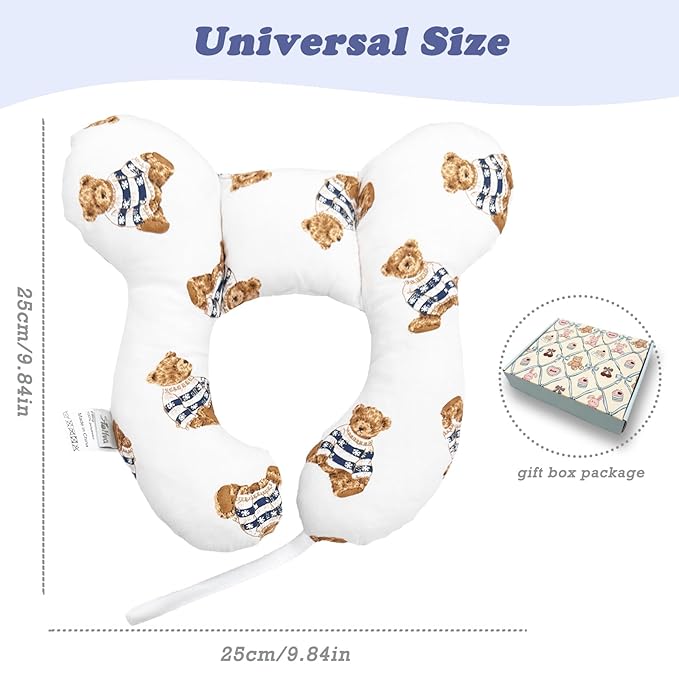 Toddler Travel Comfort Pillow for Car Seat and Stroller, Soft U-Shape Reversible Seat Accessory for Baby, Brown Bear