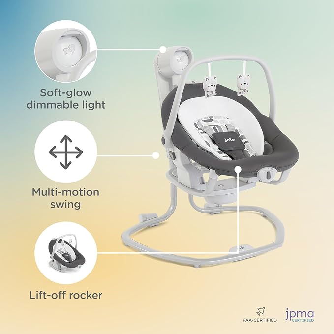 Joie Miso 2-in-1 Baby Swing & Rocker– Dual Motion Swing & Portable Rocker with 6 Speed Settings, Soothing Vibration, and 3 Recline Positions – Softglow Dimmable Light (Nature's Alphabet)