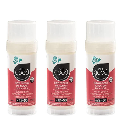 All Good Baby & Kids Mineral Sunscreen Butter Stick for Face, Nose, Ears - UVA/UVB Broad Spectrum SPF 50, Coral Reef Friendly, Water Resistant, Zinc Oxide, Coconut Oil, Vitamin E (2.75 oz)(3-Pack)