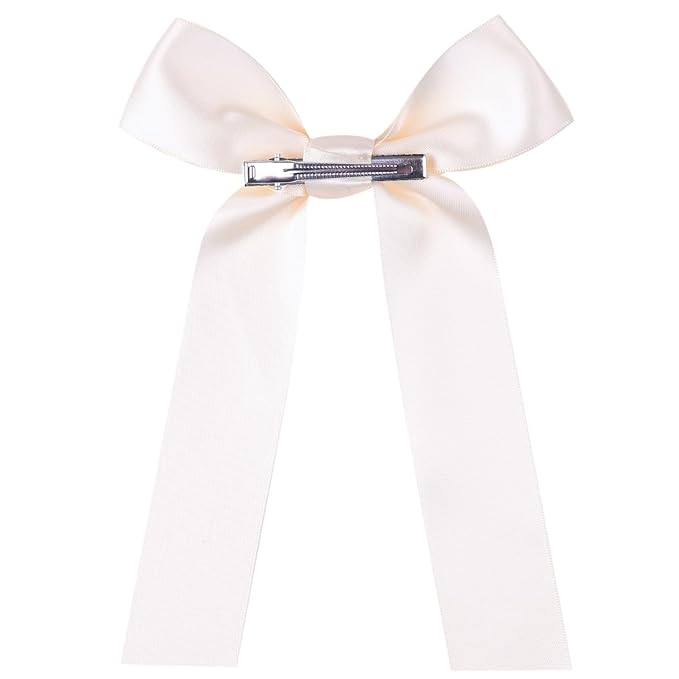 2-Pack Long Satin Ribbon Hair Bows for Girls – Elegant Silk Hair Clips for Toddlers, Infants, Teens & Kids - Ivory