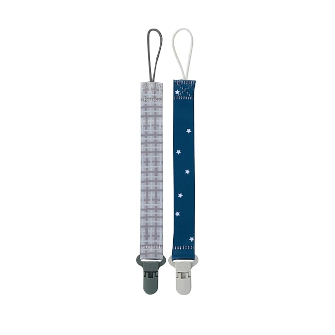 Nuby Pacifinder Baby Pacifier Clip - (2-Pack) - Pacifier Holder Clip with Convenient Hook Loop - Gray Plaid and Blue Stars