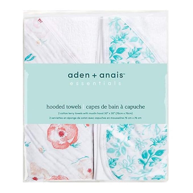 aden + anais Baby Hooded Towel|100% Terry Cotton Soft Baby Bath Towel for Kids, Toddlers, Infants| Newborn Girl and Boy Baby Wrap Towel, 2 Pack, Full Bloom