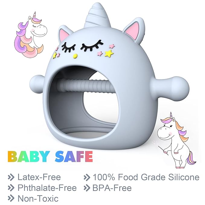 Tinabless Teething Toys (5 Pack) + Unicorn Never Drop Silicone Teether Set for Babies 6-12 Months, Natural Organic Freezer Safe for Infants and Toddlers, Silicone Baby Teethers (Blue)