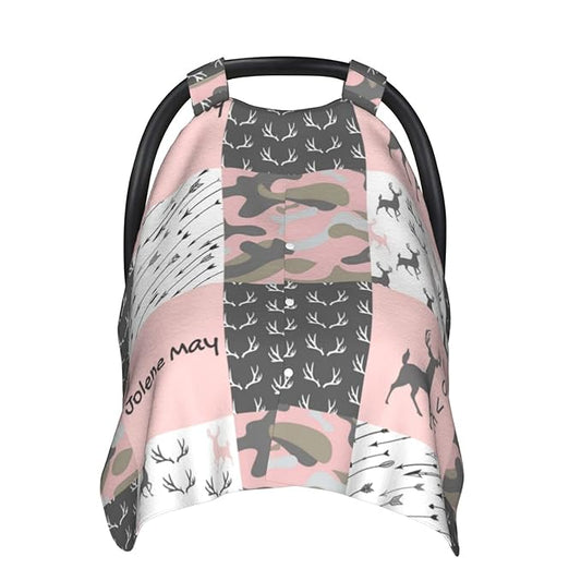 Personalized Pink Woodland Deer Baby Infant Car Seats Canopy for Babies with Name, Custom Multi-use Blankets for Baby Girls, Peekaboo Minky Nursing Breastfeeding Stroller Cover Canopies for Newborn