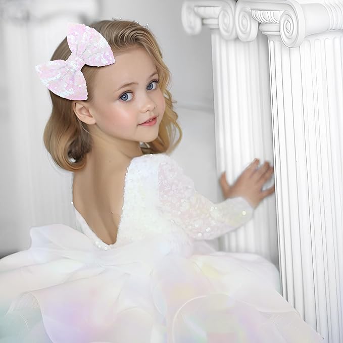 Hair Bow Clip for Girls, 5 inches Sequins Large Bow with Alligator Clip, Hair Accessories for Women Teens Babies Toddlers, White