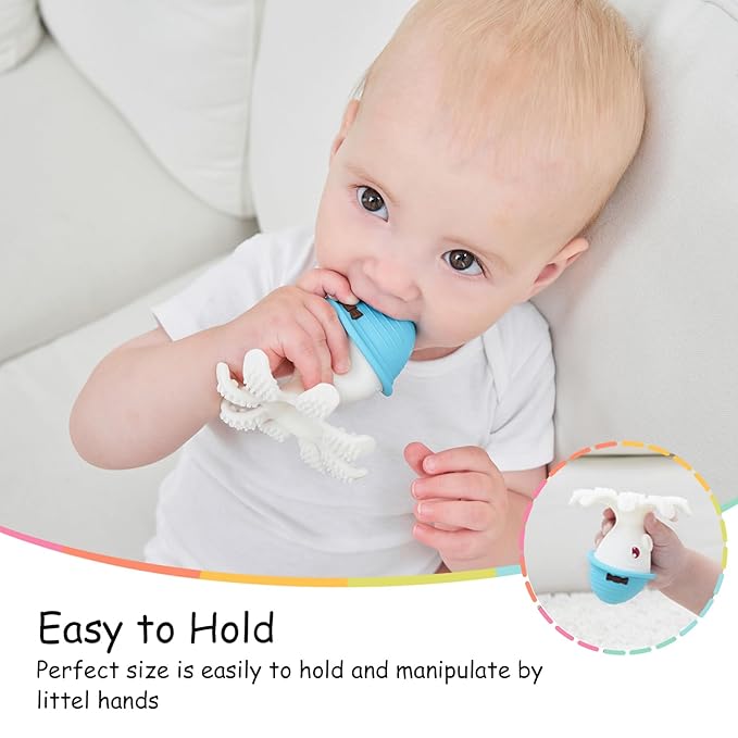 Teething Toys 3-6 Months, Mombella Octopus Teethers for Babies 6-12 Months, Soft Silicone Baby Teething Toys 12-18 Month Old, Baby Chew Toys, Squeaky Infant Teether Toys, Easy to Hold, Blue