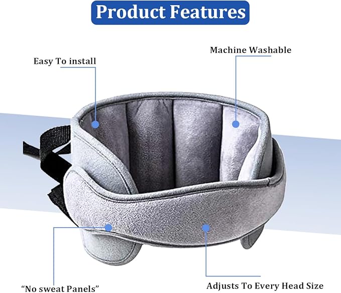 Car Seat Head Support, Soft Comfortable Adjustable Seat Neck Relief Support Band for Sleeping Kids, Automotive Headrest Holder Strap for Toddler Children Infant, Universal Fit (Gray)