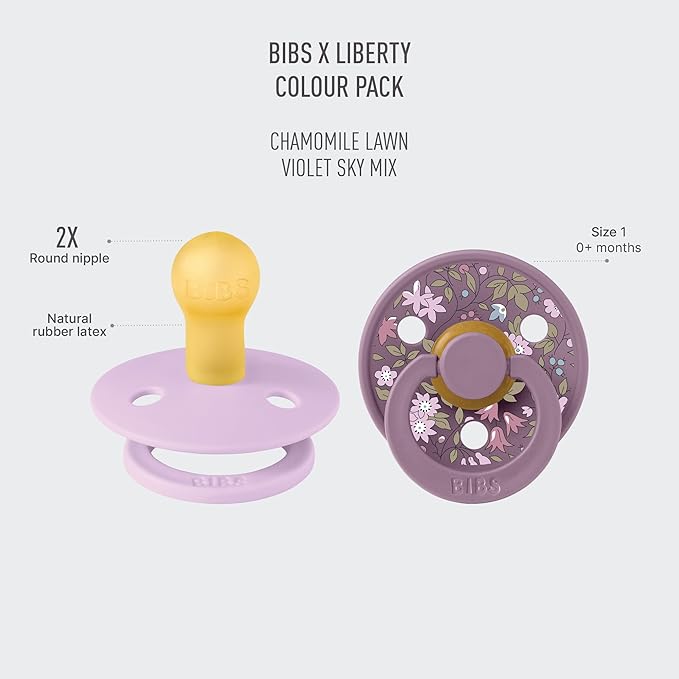 BIBS Liberty Soother 2-Pack, BPA Free Dummy Pacifier, Round Nipple. Natural Rubber Latex, Made in Denmark, Size 1 (0-6 Months), Chamomile Lawn Violet Sky