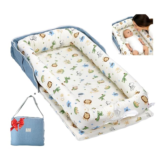 Baby Lounger for Newborn Portable Bag,Baby Nest Play Gym mat with Strap,Newborn Lounger Adjustable Size & Inner Zipper Lengthen Space to 24 Months,Animal World Blue