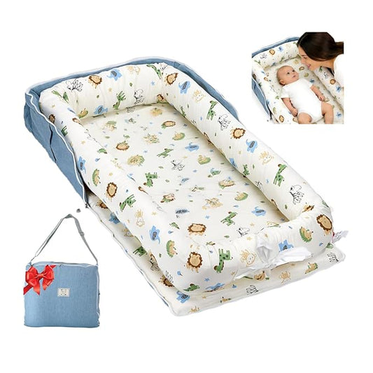 Baby Lounger for Newborn Portable Bag,Baby Nest Play Gym mat with Strap,Newborn Lounger Adjustable Size & Inner Zipper Lengthen Space to 24 Months,Animal World Blue