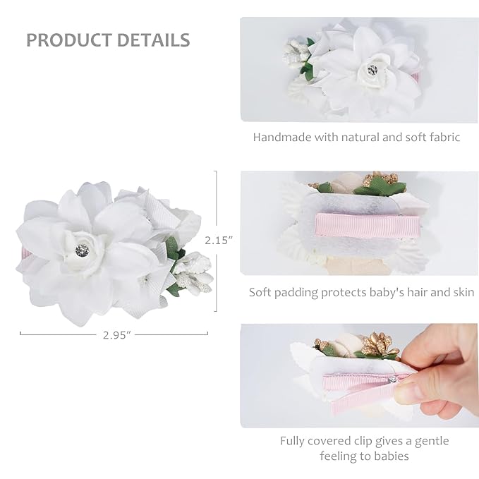 3pcs Girls Flower Hair Clips, Floral Hair Barrettes w/Boutique Fully Lined Alligator, Hair Bows for Baby Newborn Toddler