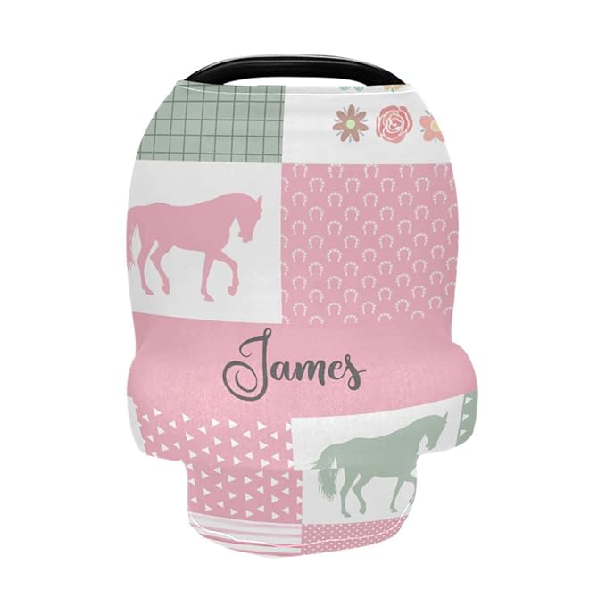 Personalized Horse Car Seat Covers for Girls, Customized Baby Carseat Cover with Name, Multiuse Nursing Cover Breastfeeding Scarf, Stroller Canopy for Newborn Infant