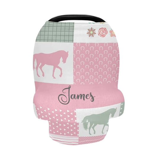 Personalized Horse Car Seat Covers for Girls, Customized Baby Carseat Cover with Name, Multiuse Nursing Cover Breastfeeding Scarf, Stroller Canopy for Newborn Infant