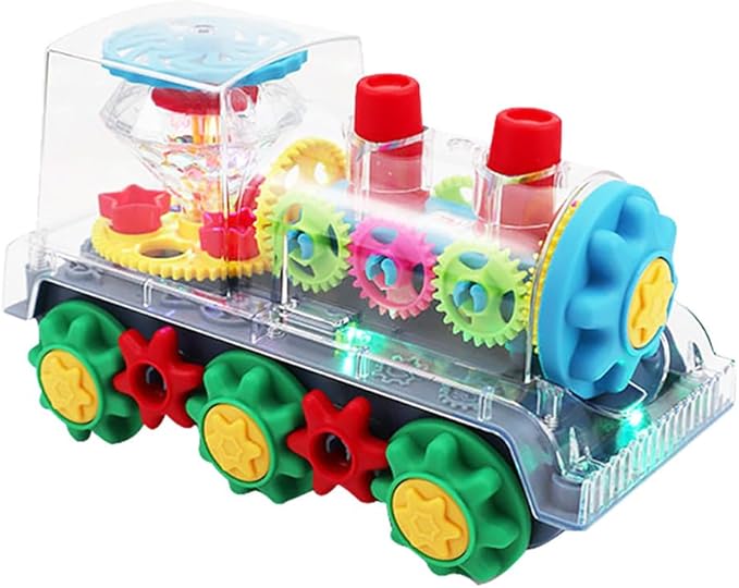 Miracland Transparent Gear Locomotive Toy, Light-up Train Toy Railway Engine Model Toy Toddler Musical Toy 3D Gears Bump & Go Car Toy for Kids with 360° Rotation Function, Lights and Music