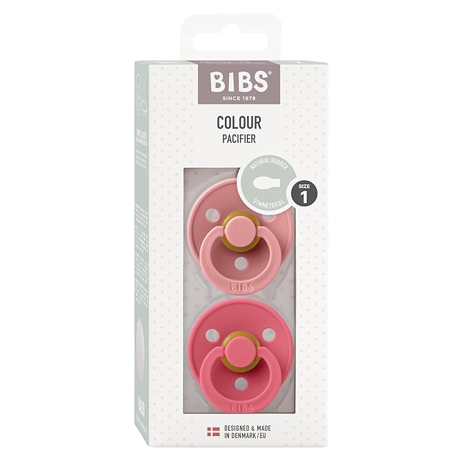 BIBS Pacifiers 0-6 Months | Colour Collection 2-Pack | BPA-Free Symmetrical Natural Rubber Nipple | Made in Denmark | Dusty Pink/Coral Color Pacifier