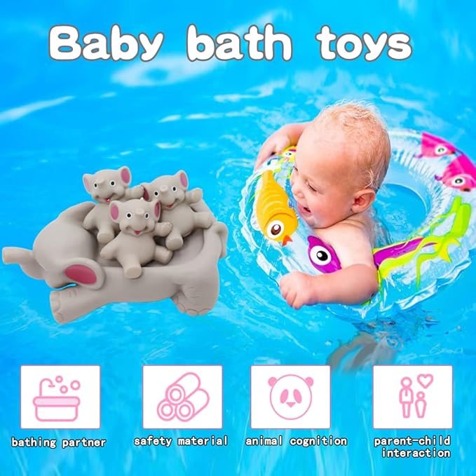 Bath Toys for Toddlers Infants 6 Months+, Floating Bathtub Elephant Toys Squeak Rubber Animal 4 Piece Set, Pool Beach Party Gift for Kids Boys Girls Water Fun and Shower Time