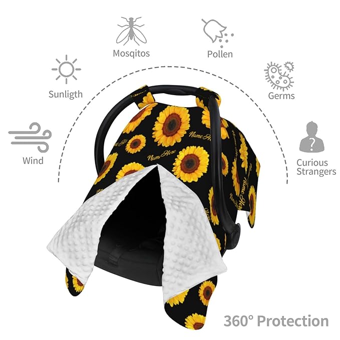 Personalized Baby Car Seat Canopy with Name – Custom Sunflower Minky Nursing Cover for Boys & Girls, Soft Stroller Cover for Infants & Newborns, Carseat Canopy for Breastfeeding