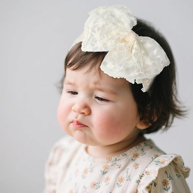 Baby Girls Hairband White Bow Lace Headbands Handmade Soft Stretchy Bowknot Hairbands Newborn Headband with Bows Pearls Elastic Head Band for Newborn Infant(Beige Embroidered Bow)