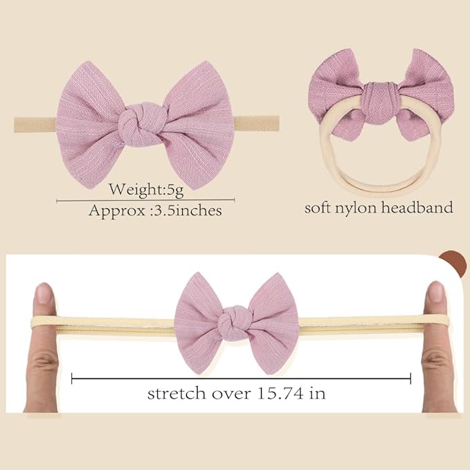 Baby Girl Linen Hair Bow Nylon Headband 12PCS, Soild Color Bow Hair Band, Handmade Head Accessories for Infant Newborn Toddlers Kids
