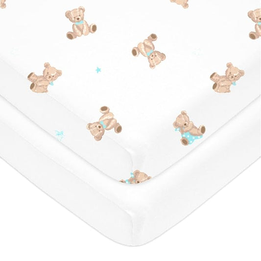 American Baby Company 2 Pack 100% Natural Cotton Fitted Pack and Play Sheets 39" x 27" - Soft & Breathable Pack N Play Sheets for Playard & Mini Crib Mattress, Bear and White, for Boys & Girls