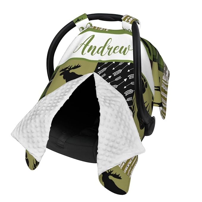Personalized Baby Car Seat Canopy for Baby with Name, Custom Woodland Animals Green Car Seat Covers for Boy Girl, Opening Minky Nursing Breastfeeding Stroller Cover Carseat Canopies for Infant Newborn